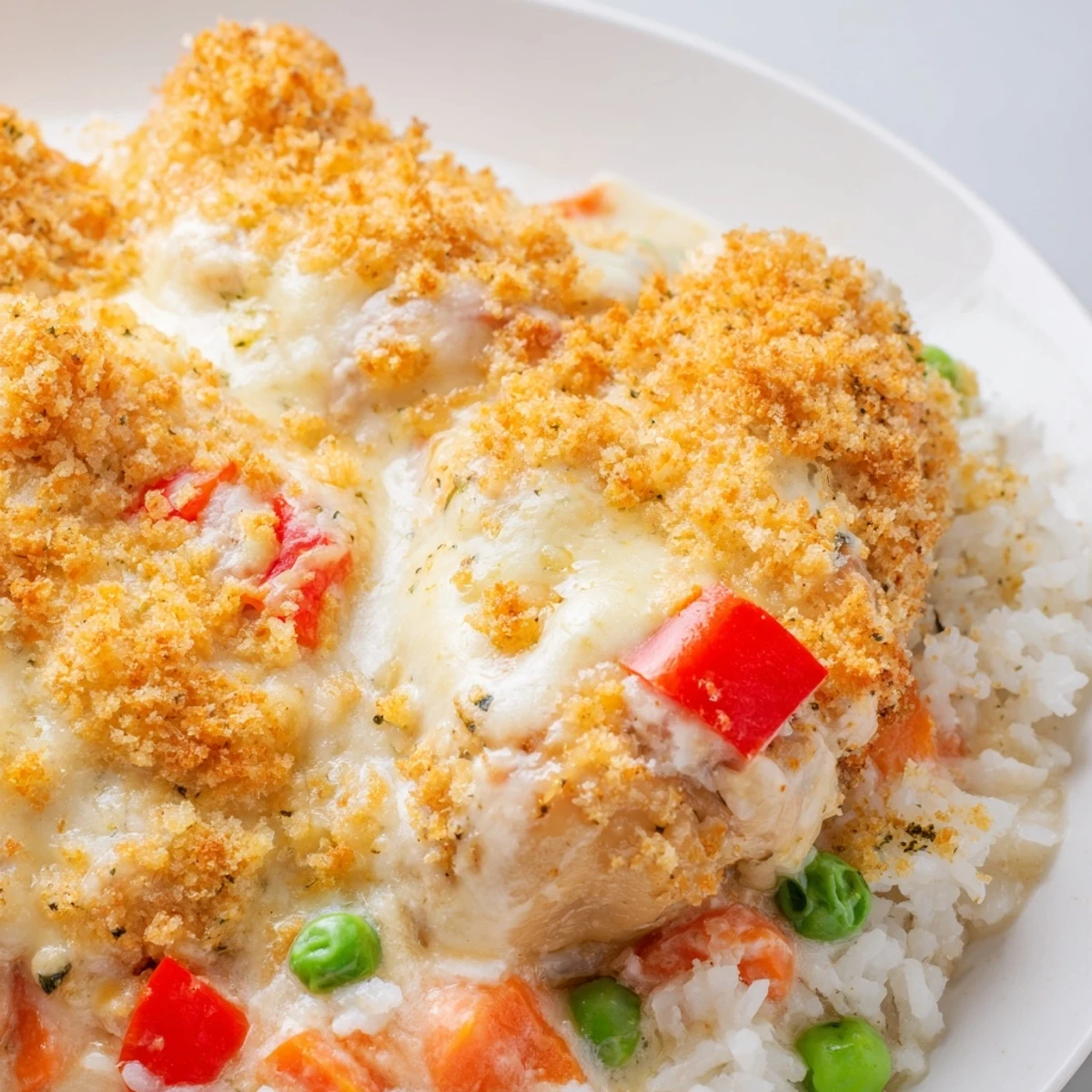 Golden baked Macau style Portuguese chicken rice with bubbling cheese and colorful vegetables