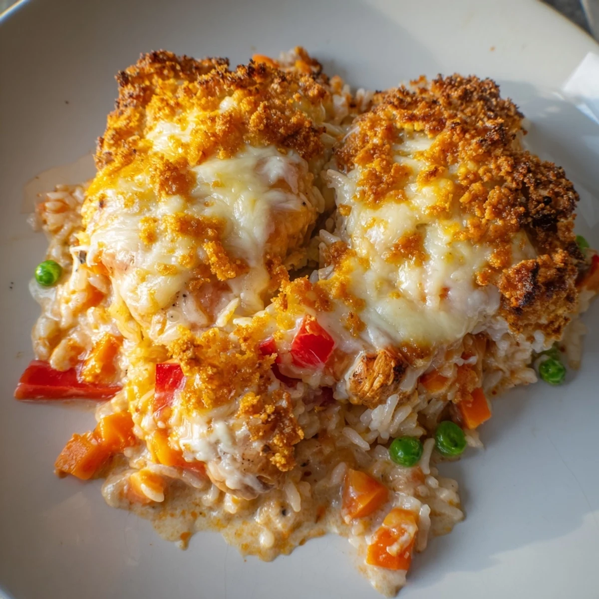 Tender chicken pieces in spiced sauce over rice topped with melted mozzarella and Parmesan cheese