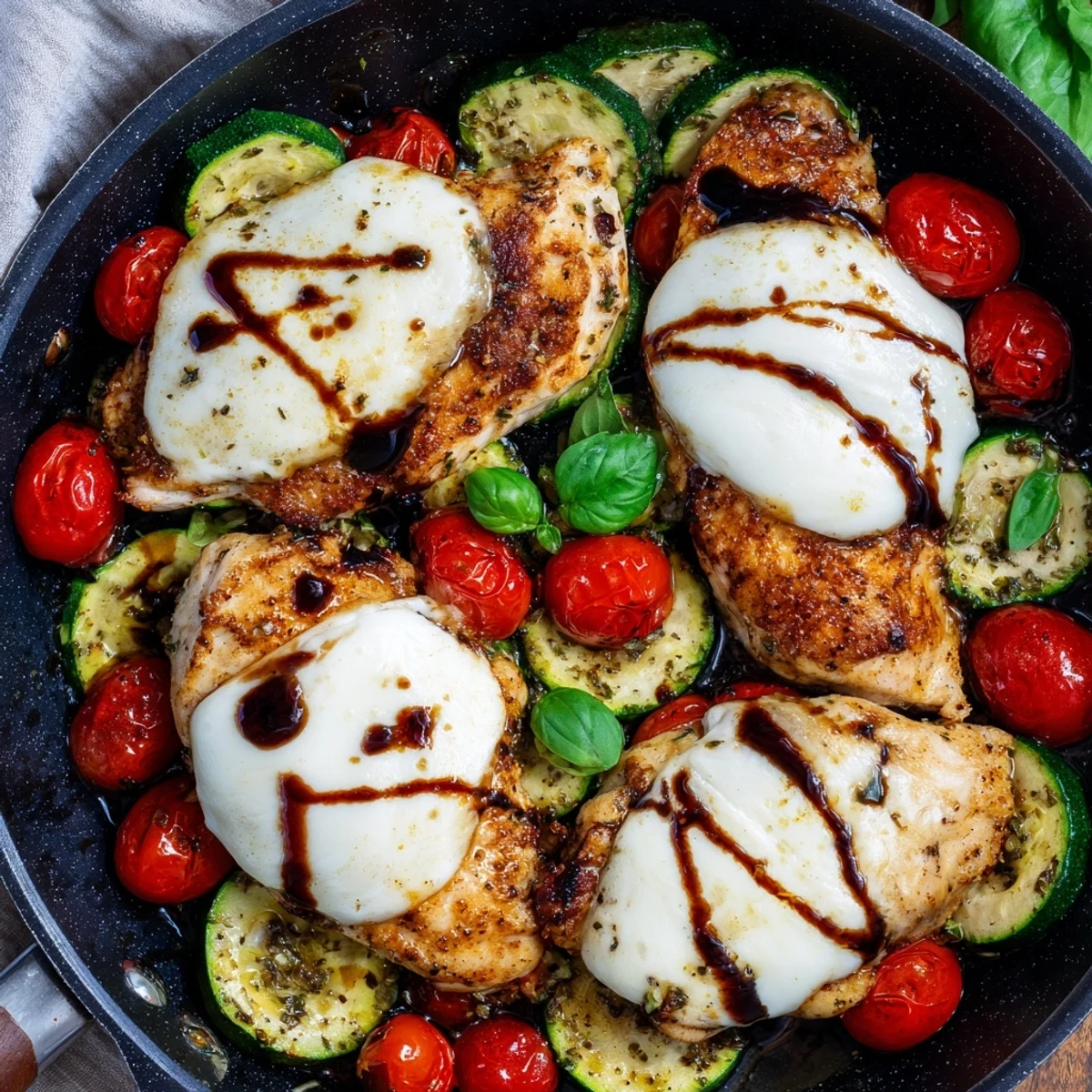 Golden pan-seared Caprese chicken nestled with tender zucchini, melted mozzarella, and juicy cherry tomatoes