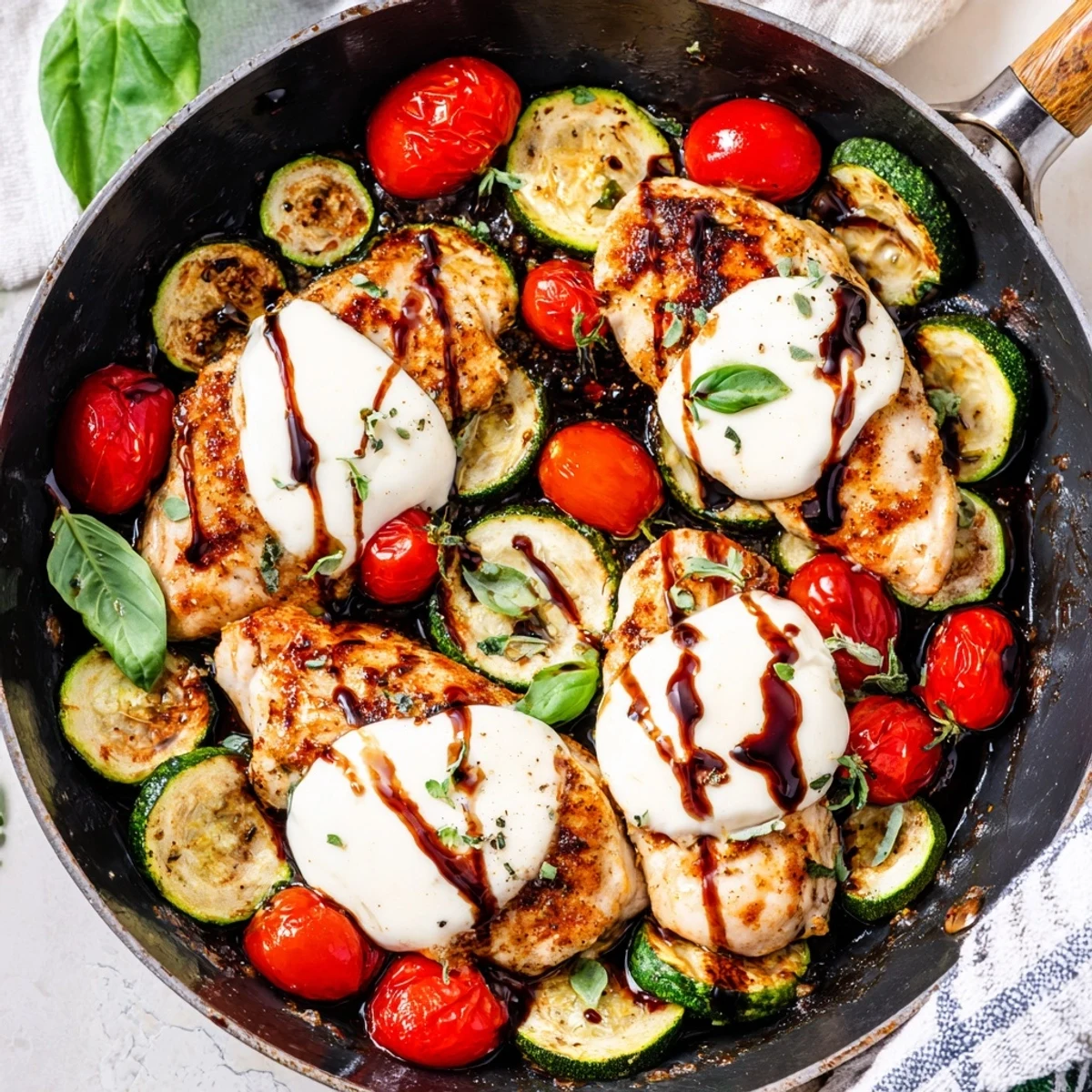 One-pan Caprese chicken skillet featuring bubbling mozzarella, fresh basil, and colorful zucchini slices