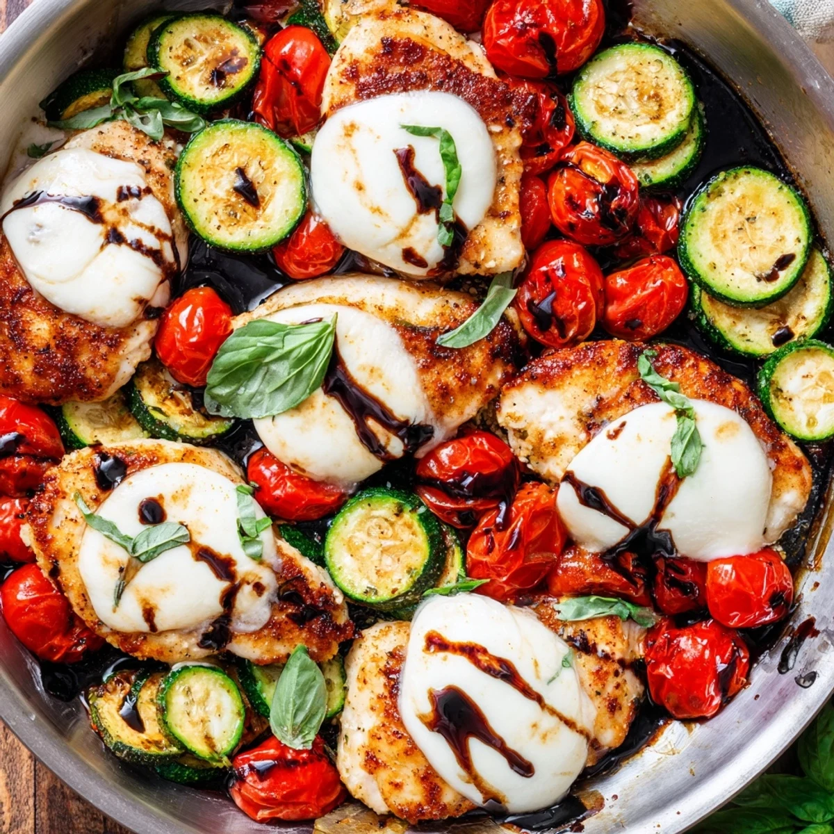 Sizzling Caprese chicken with melted cheese, roasted tomatoes, and crisp zucchini in a cast iron skillet