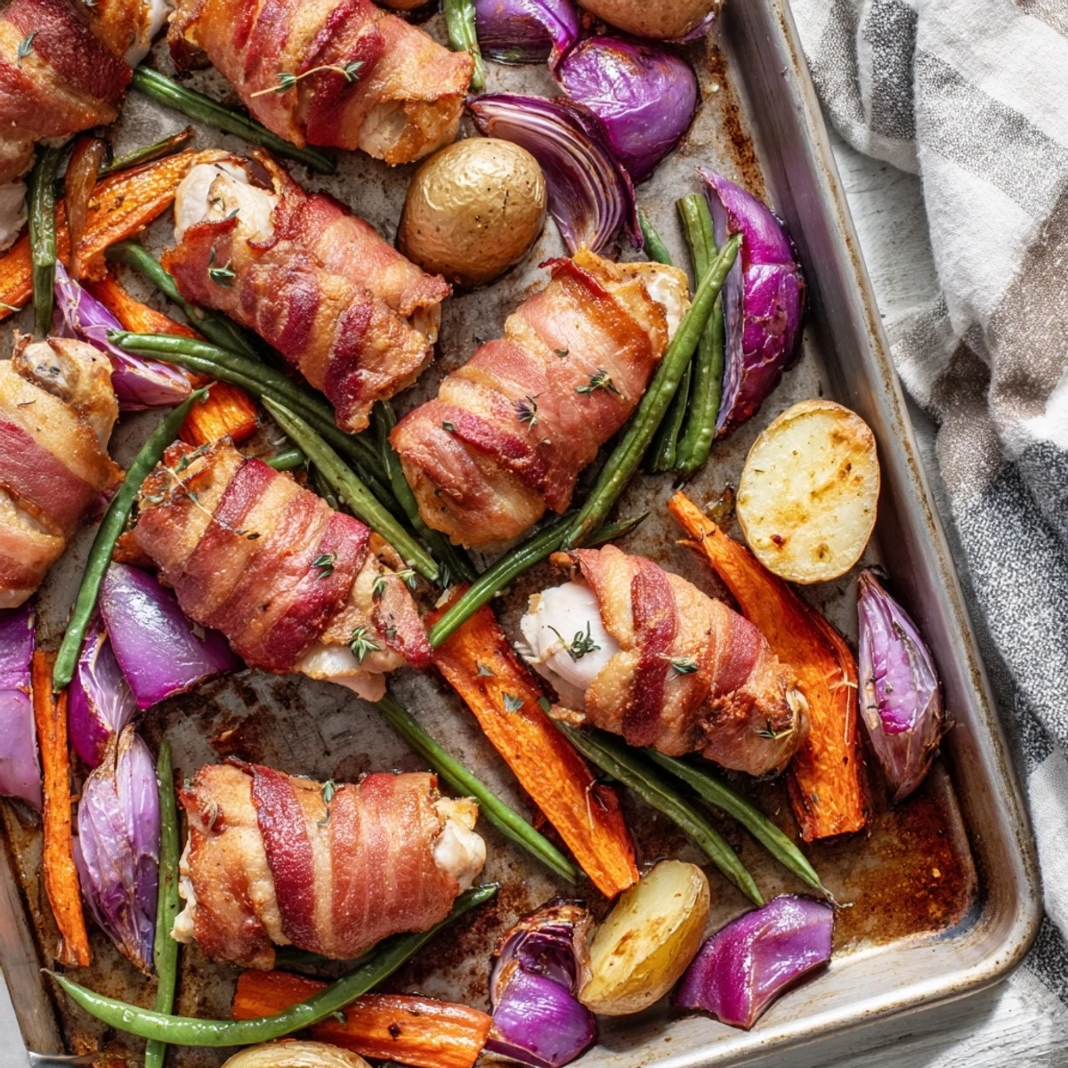 Golden bacon wrapped chicken thigh tray bake with roasted vegetables on a rustic baking sheet