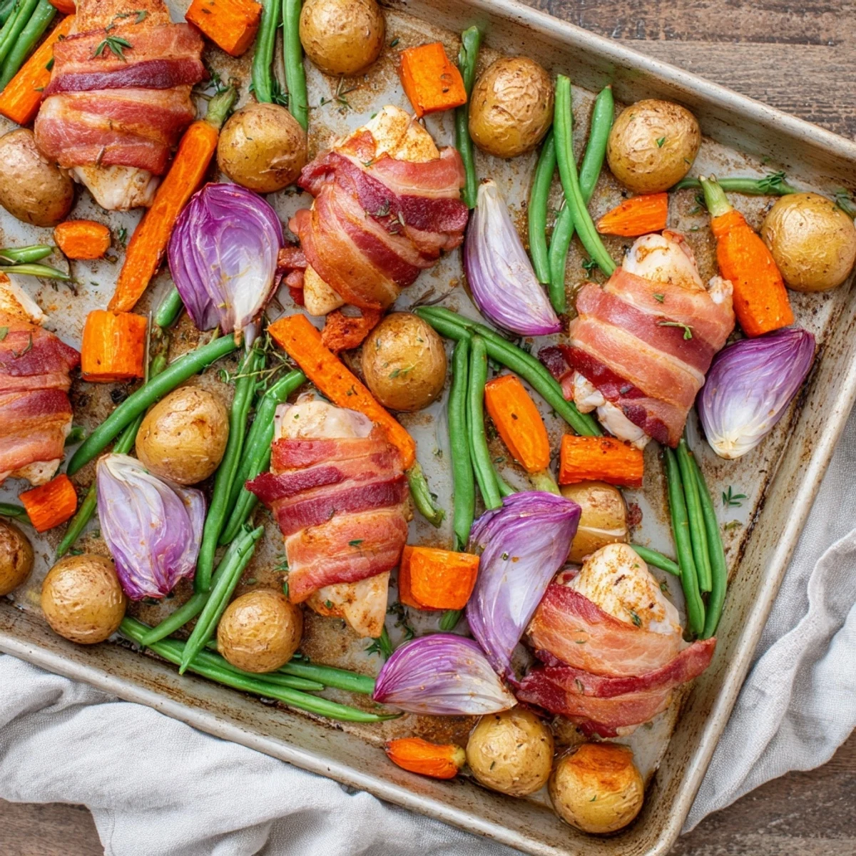 Savory bacon wrapped chicken thigh tray bake featuring colorful roasted vegetables for a complete family dinner