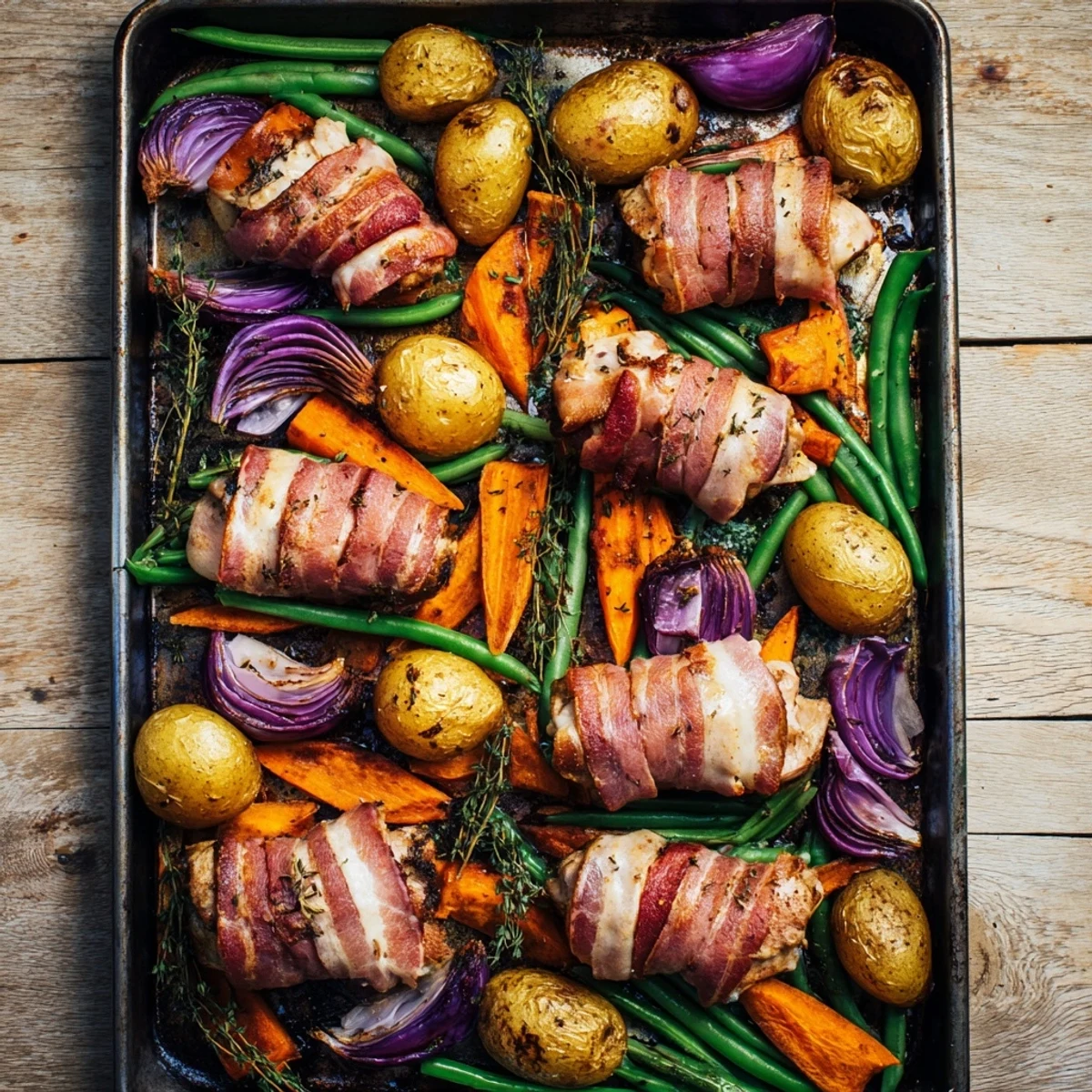 Crispy bacon envelopes tender chicken thighs nestled alongside baby potatoes and carrots in this easy tray bake