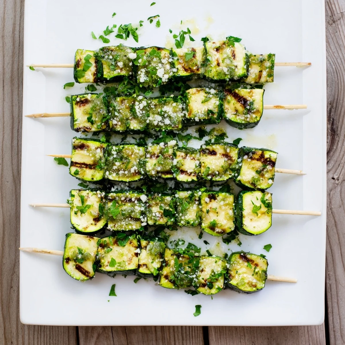 Golden zucchini rounds threaded on skewers glisten with garlic butter drizzle over charcoal grill marks