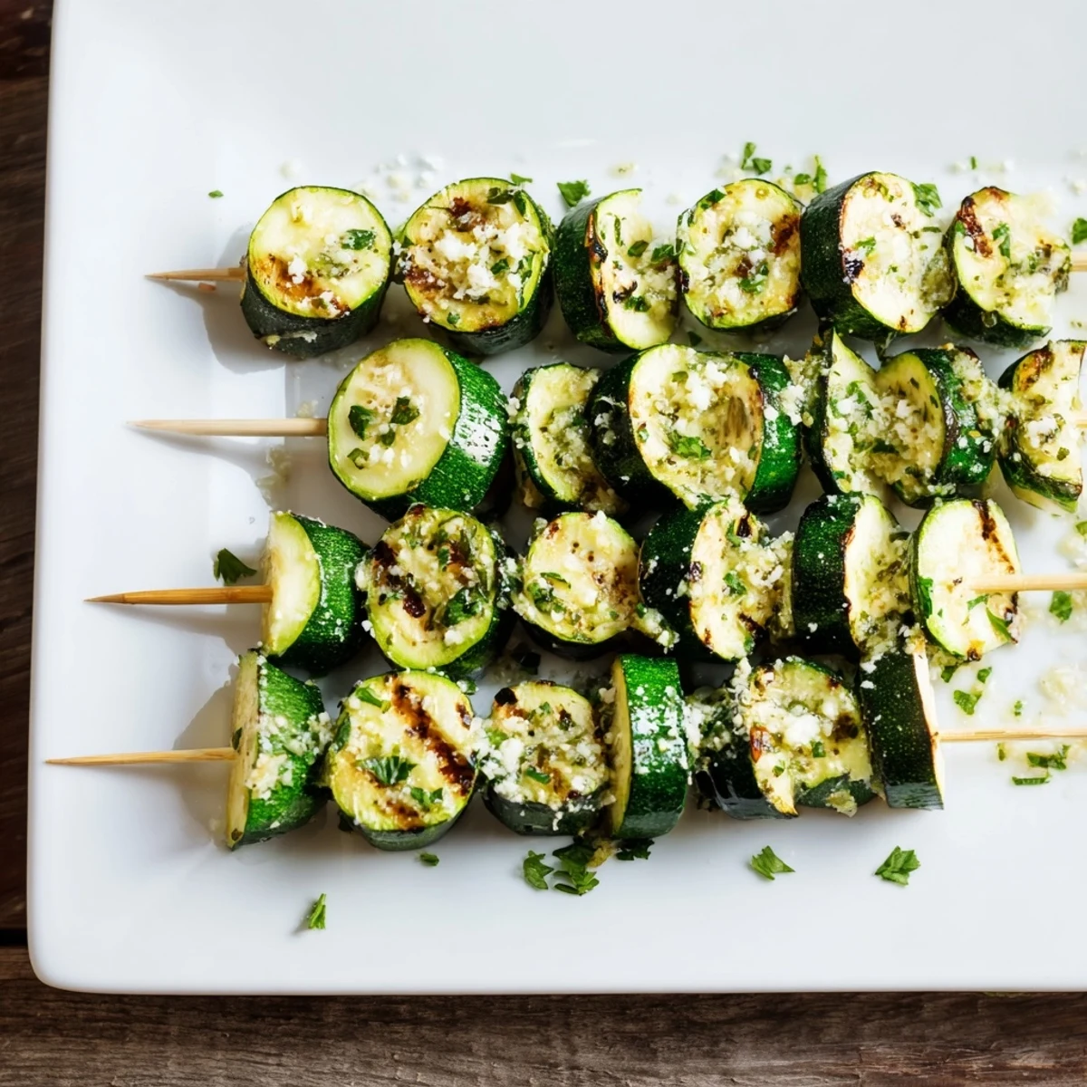 Tender grilled garlic butter zucchini skewers arranged on white platter with fresh parsley garnish
