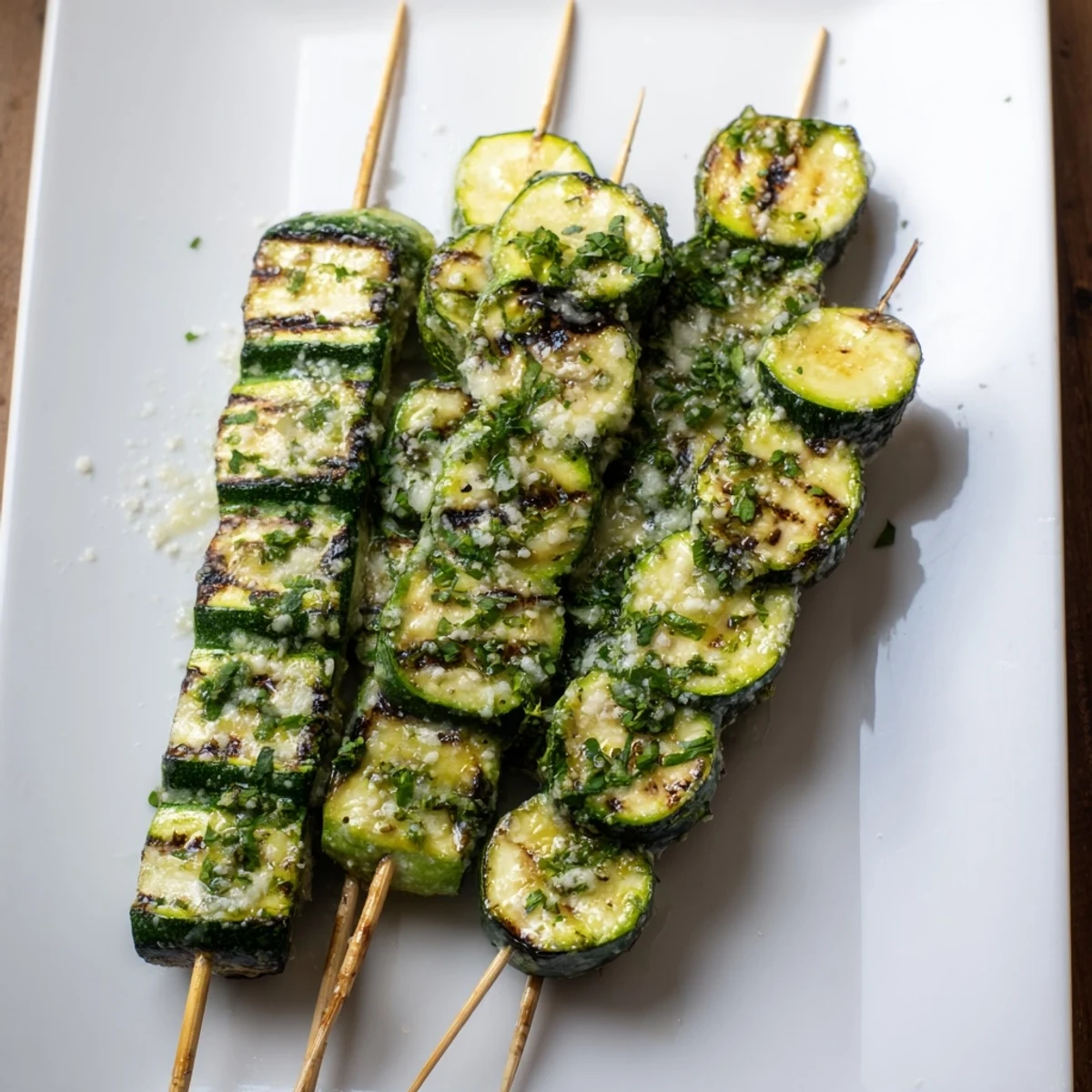 Easy garlic butter zucchini skewers cooking on outdoor grill with rich melted basting brush