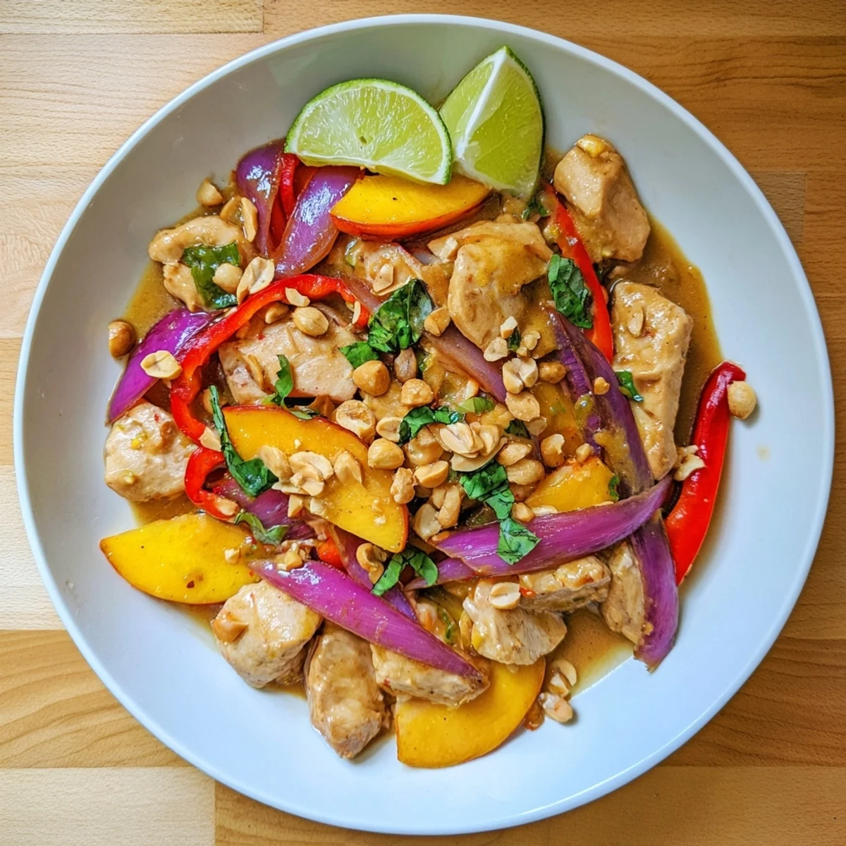 Golden Thai peach chicken pieces simmered in sweet spicy sauce with colorful bell peppers and fresh basil