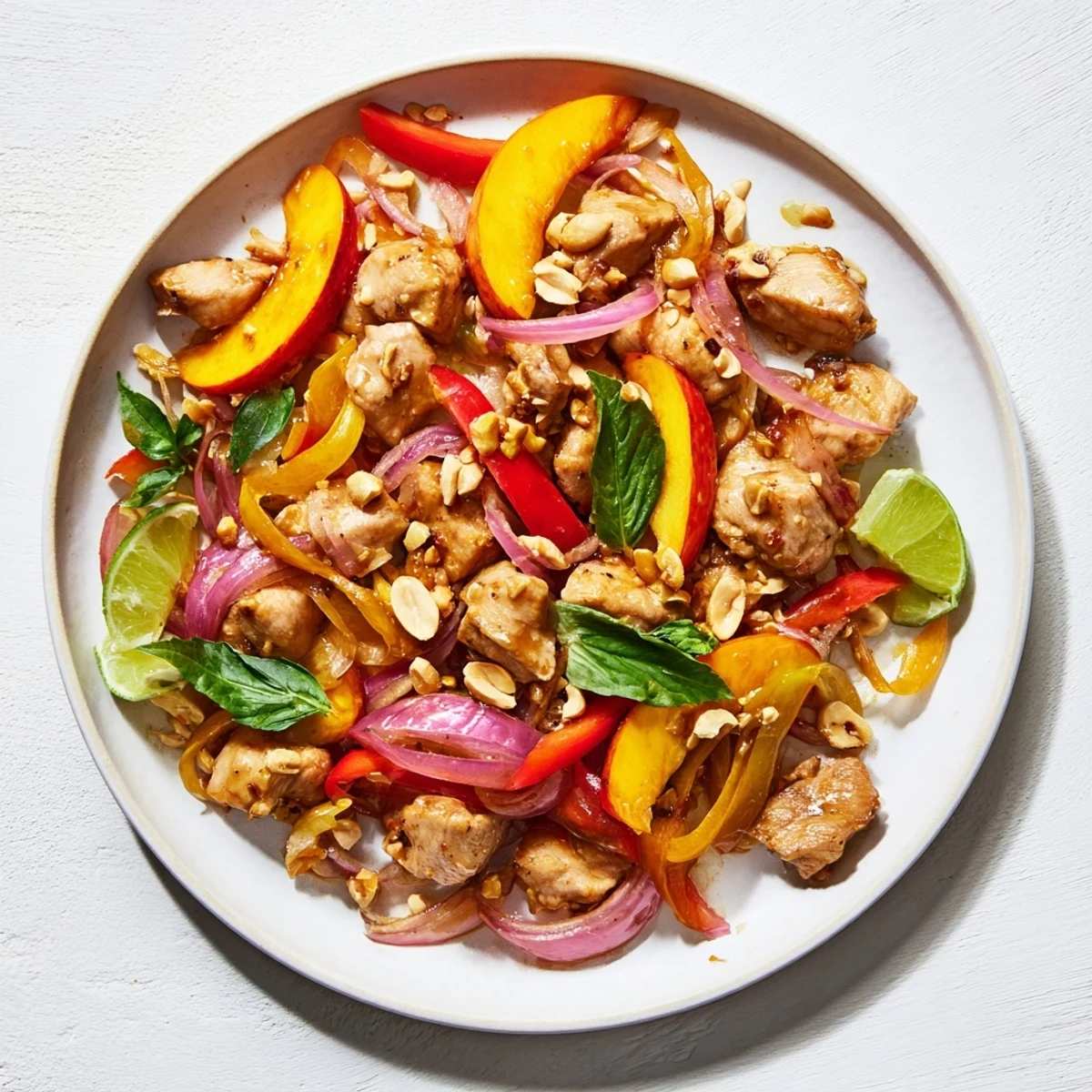 Juicy chicken thighs coated in fragrant Thai glaze topped with ripe peach slices and crushed roasted peanuts