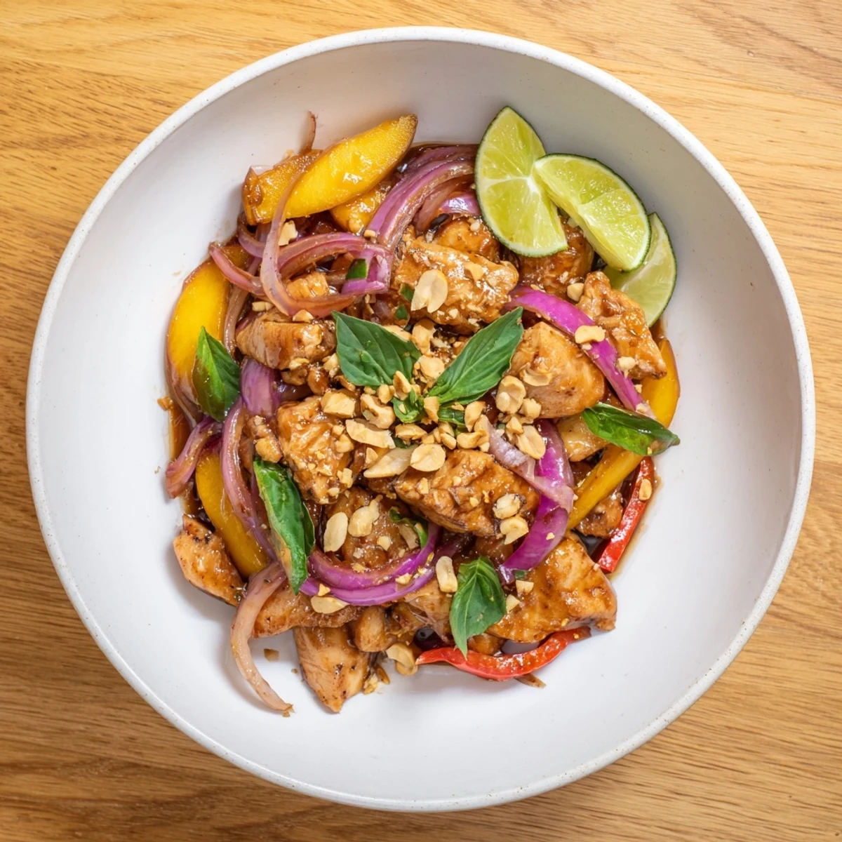 Vibrant stir-fry featuring tender chicken sweet peaches and aromatic vegetables finished with zesty lime wedges and cilantro