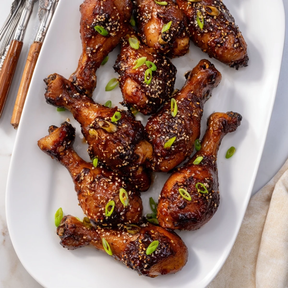 Golden slow cooker Asian glazed chicken drumsticks coated in thick savory honey glaze and sesame seeds