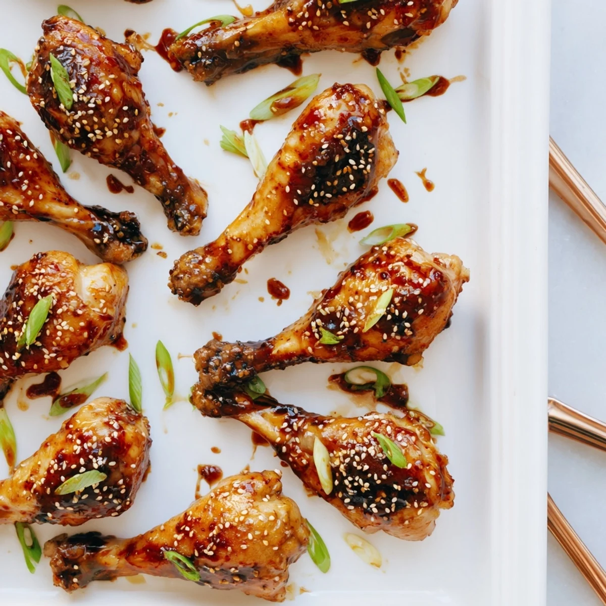 Tender Asian glazed chicken drumsticks brushed with sticky hoisin sauce and garnished with fresh scallions