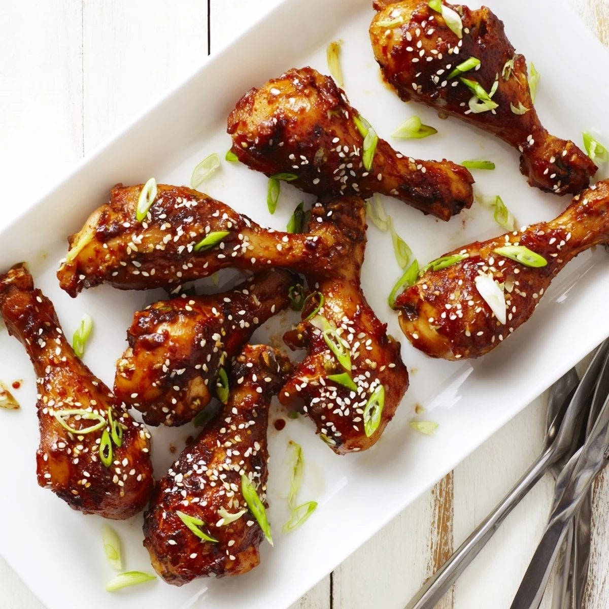 Fall-off-the-bone slow cooker Asian glazed chicken drumsticks served with caramelized soy glaze and white sesame seeds