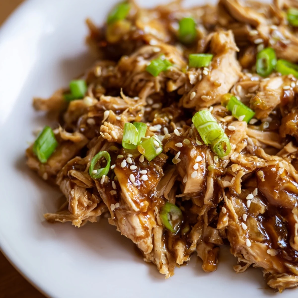 Golden slow cooker Mongolian chicken pieces coated in a glossy brown sauce and topped with fresh green onion slices