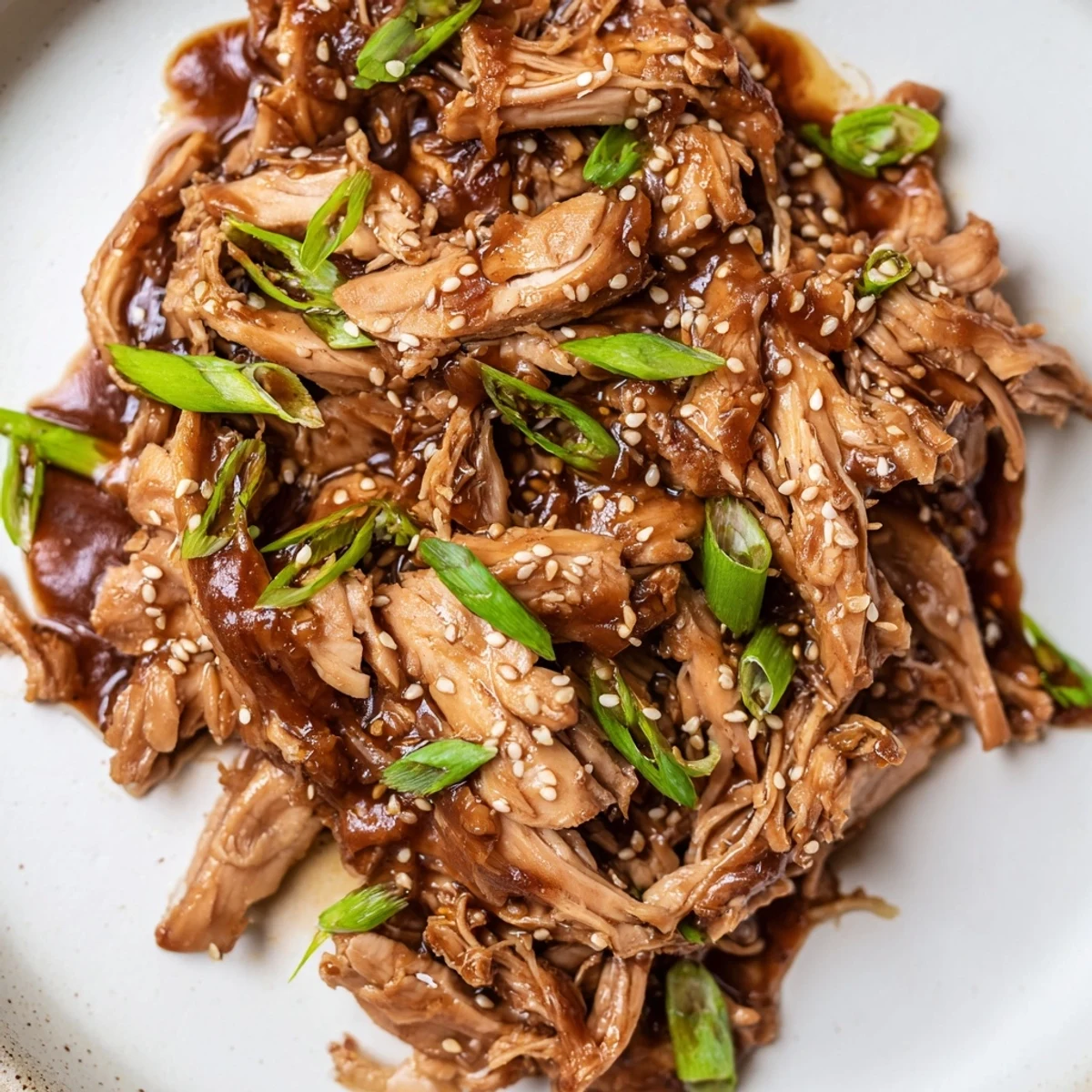 Tender shredded Mongolian chicken swimming in a rich savory sauce over fluffy white rice with sesame seed garnish