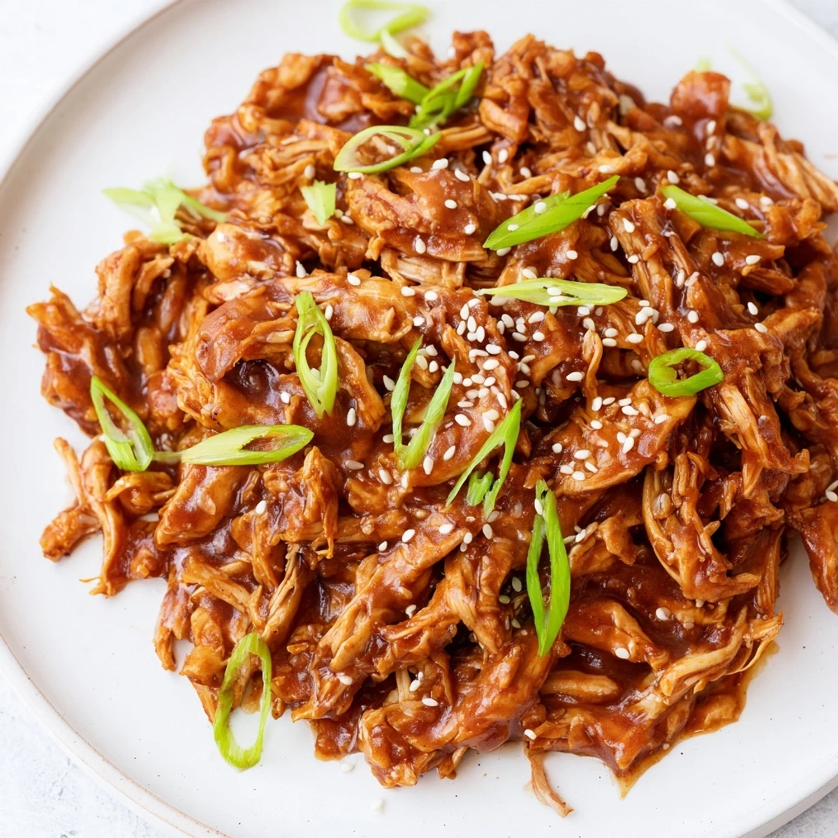 Slow cooker bowl filled with glazed Mongolian chicken thighs in a thick caramelized sauce with chopped scallions sprinkled on top