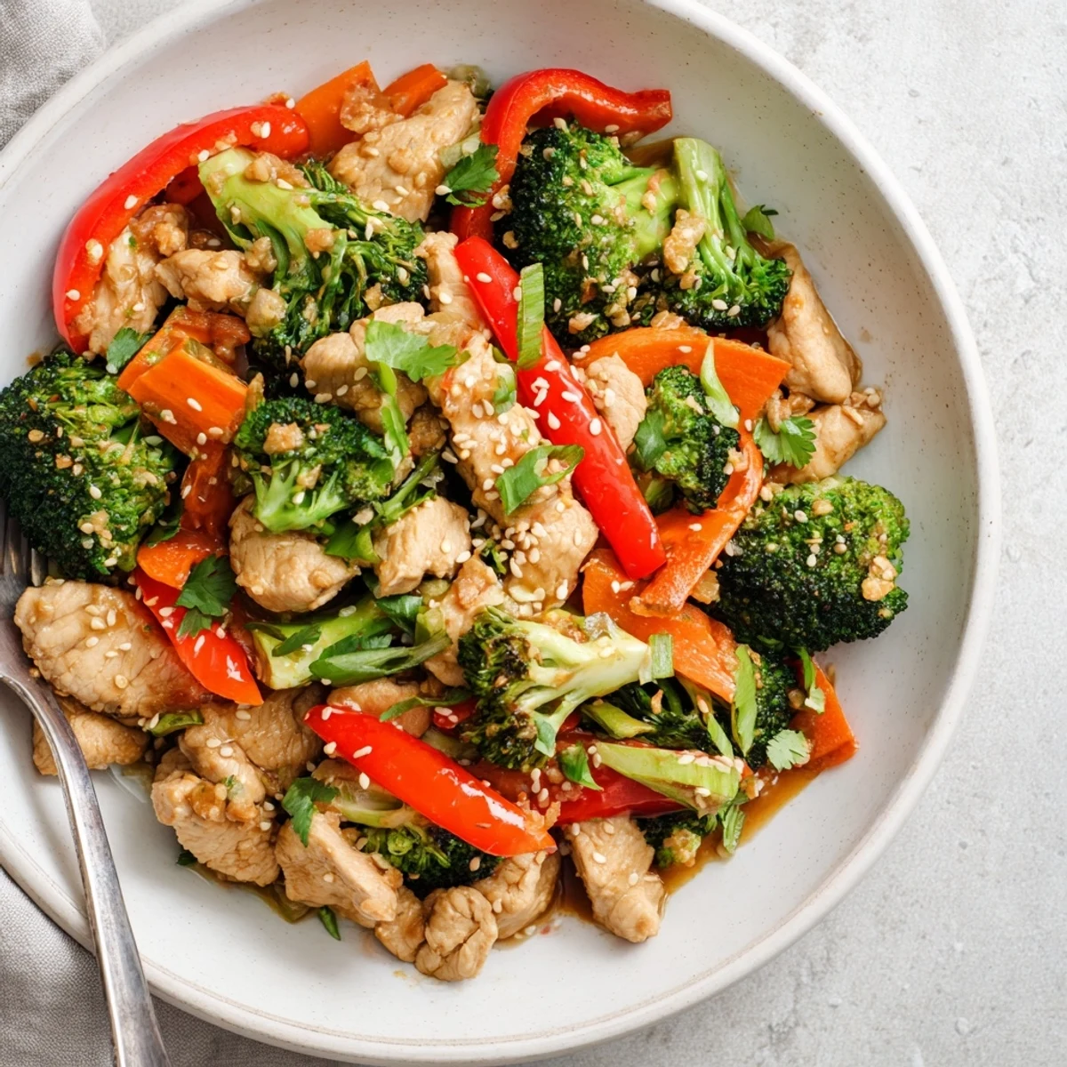 Vibrant broccoli and ground turkey stir fry in a white serving bowl