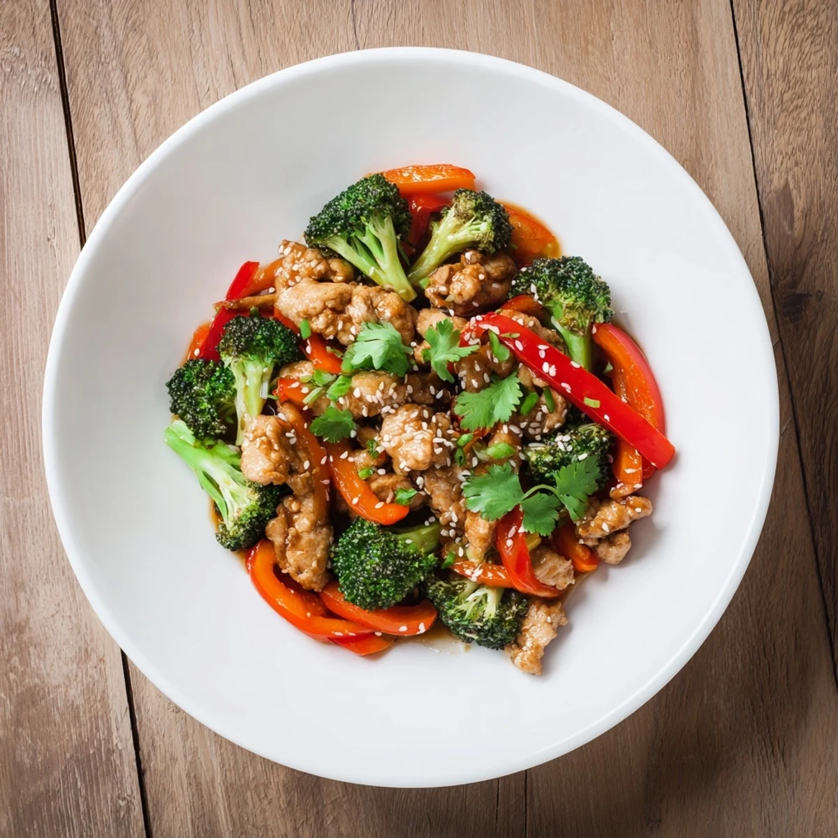 Steamy ground turkey stir fry with crisp broccoli florets and colorful vegetables