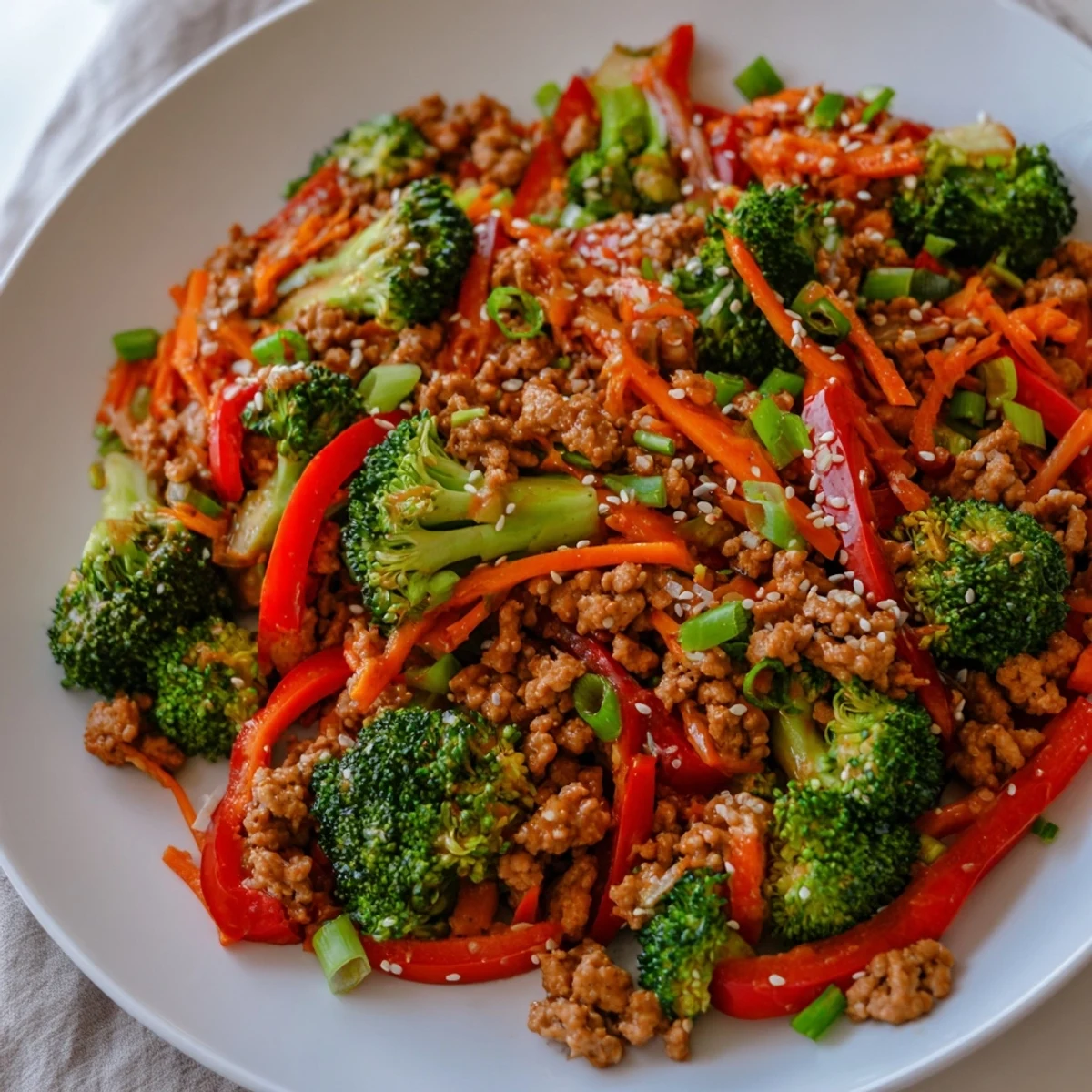 Colorful ground turkey stir fry with broccoli florets coated in savory glossy sauce