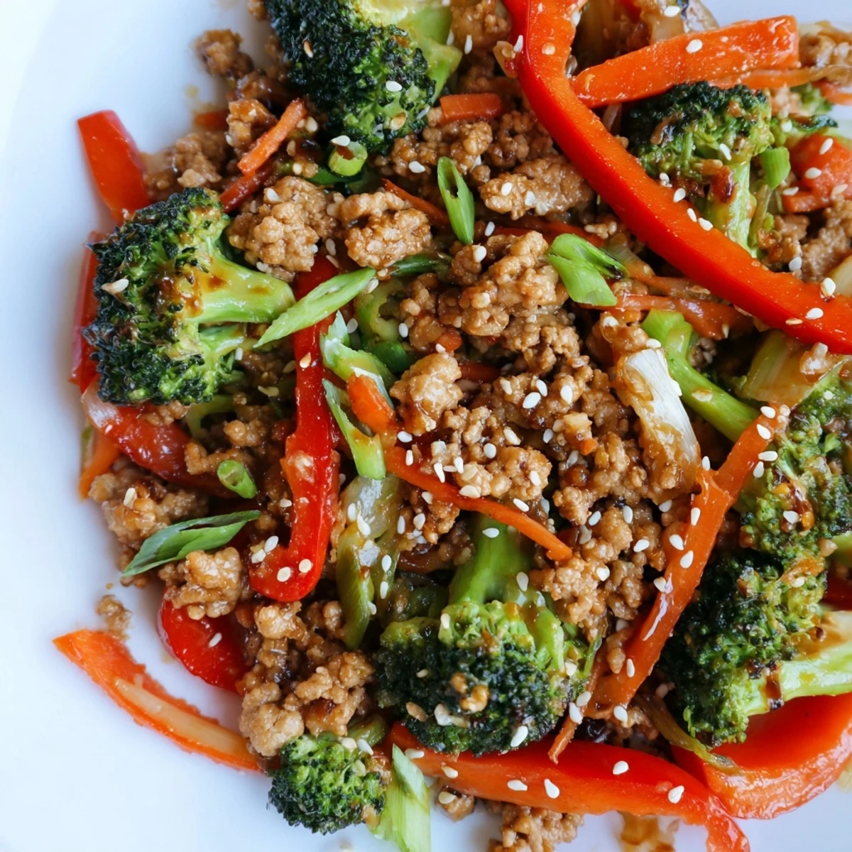 Steamy ground turkey stir fry with fresh broccoli served over rice with sesame seeds
