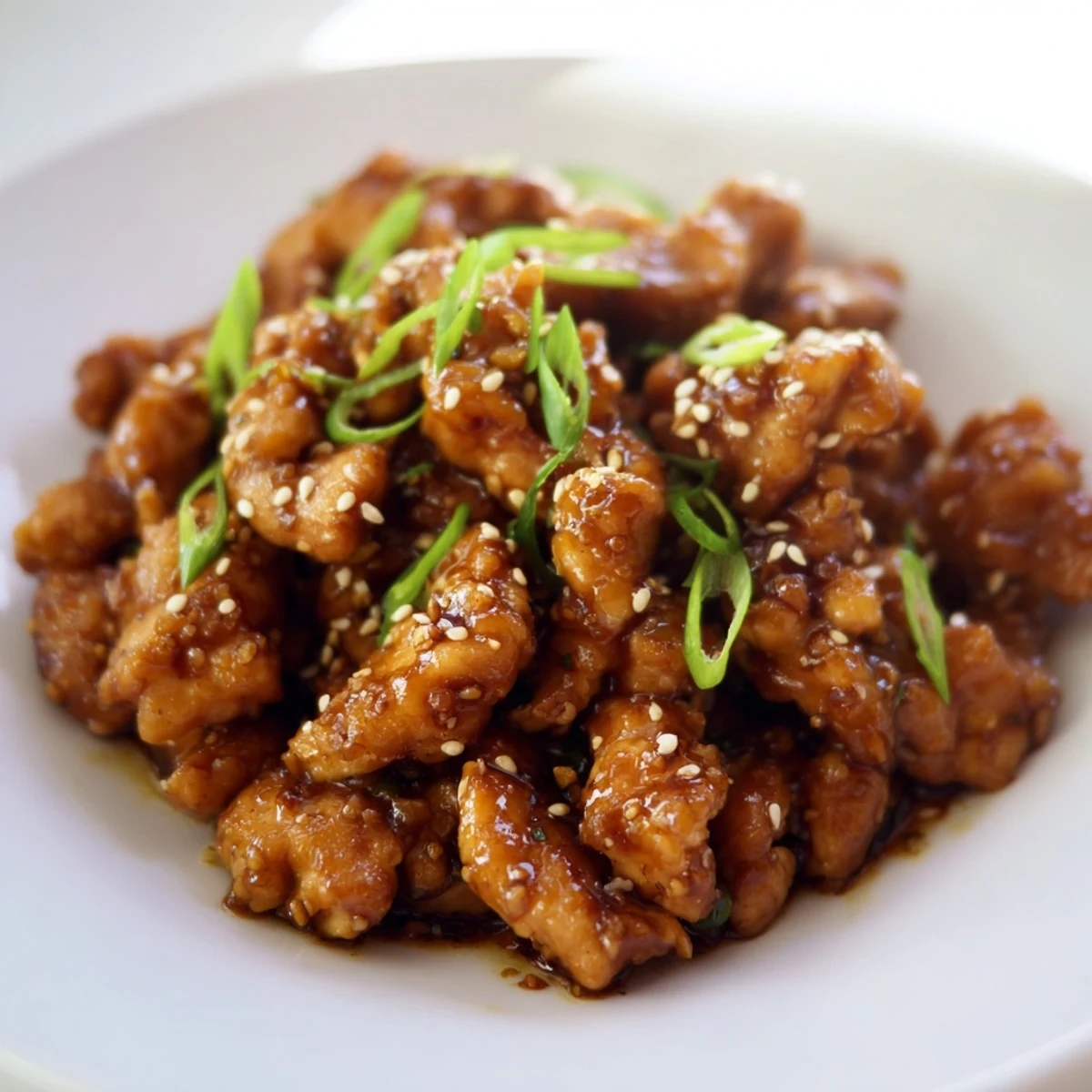 Slow cooker Mongolian chicken featuring shredded pieces coated in glossy, caramelized soy-ginger sauce over steamed white rice.