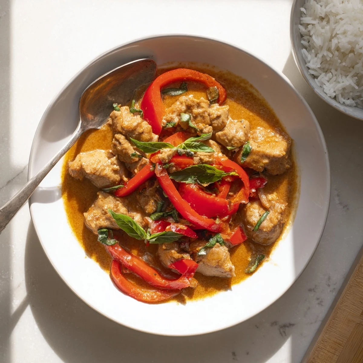 Tender basil chicken with coconut curry sauce served over steaming jasmine rice with fresh basil garnish