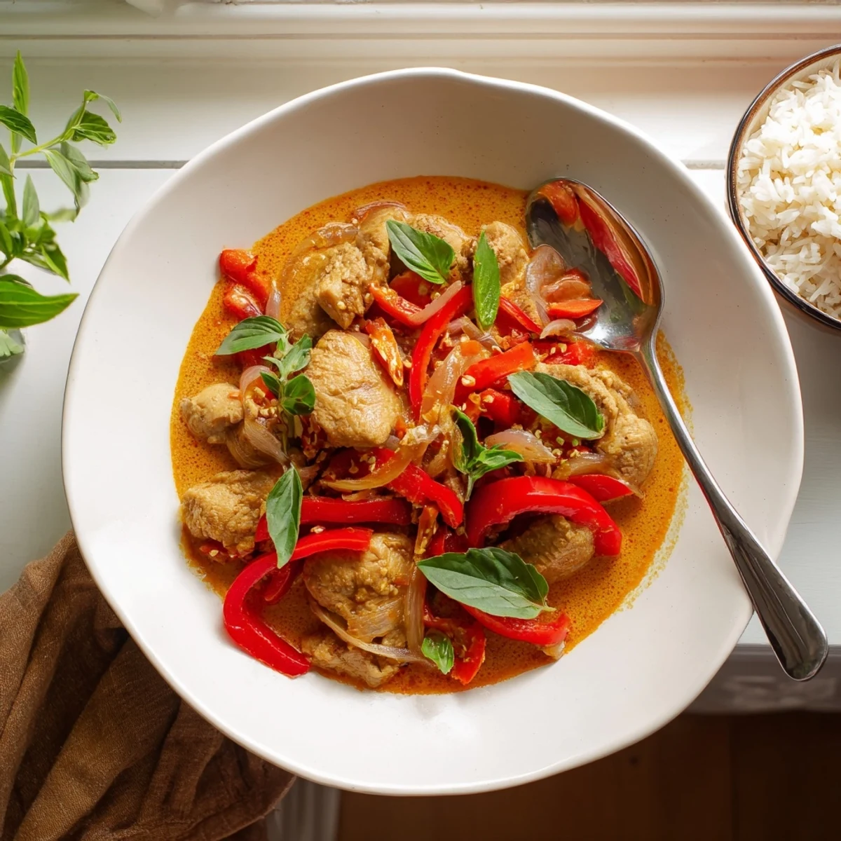 Golden chicken pieces swimming in fragrant coconut curry sauce with red bell pepper and green basil