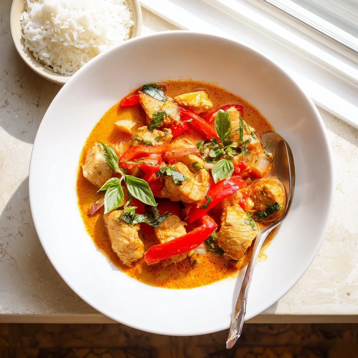 Creamy Thai-inspired coconut curry chicken with basil garnished in a white bowl over rice