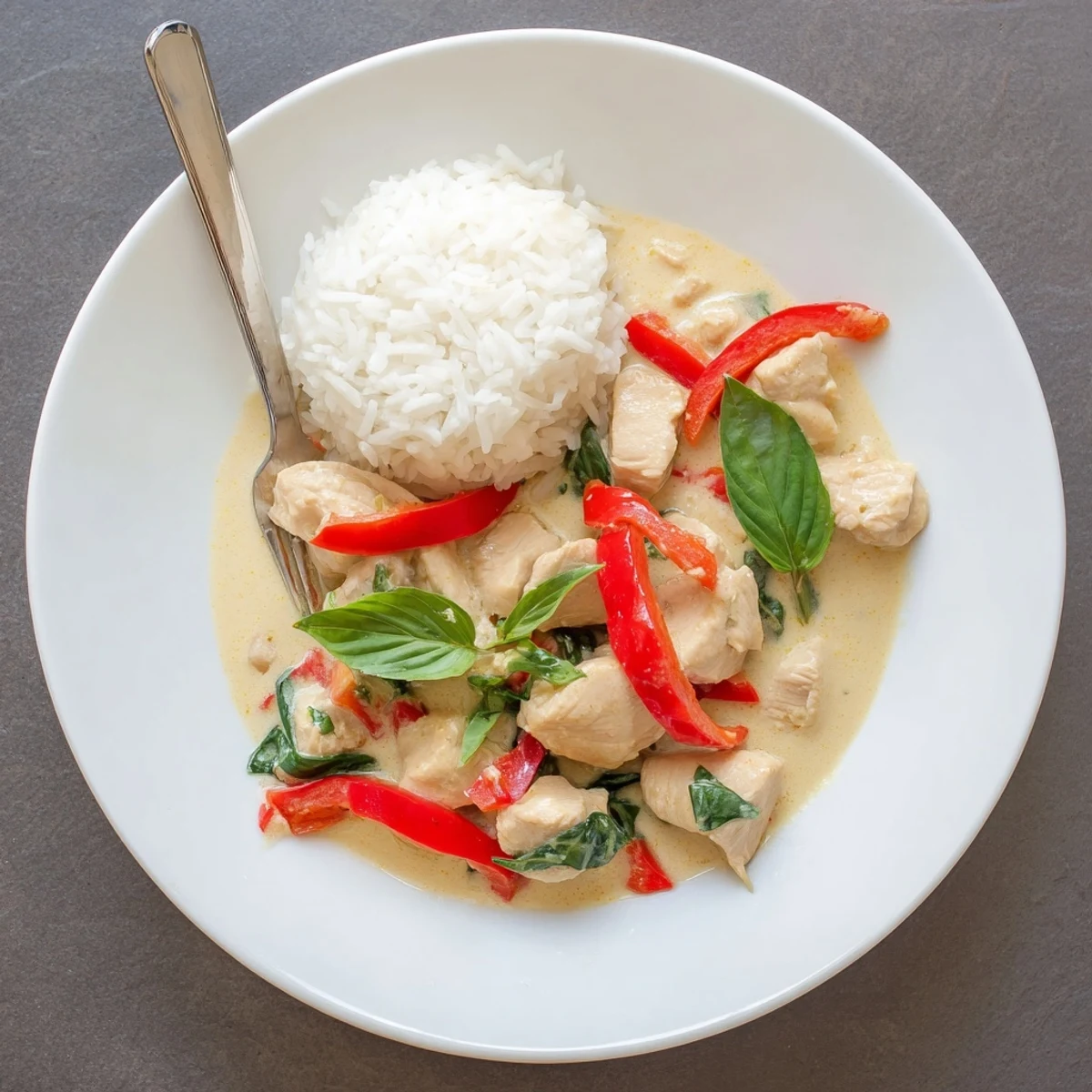 Golden chicken breast pieces simmer in rich coconut curry sauce with vibrant red bell pepper strips and fresh basil leaves garnish on top