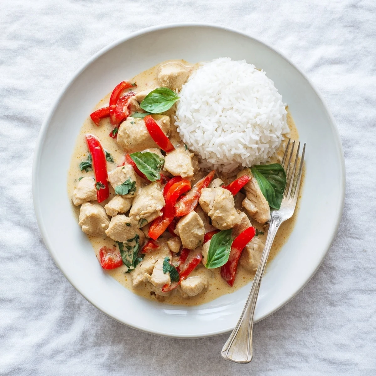 Creamy Thai-style basil chicken with coconut curry sauce served over fluffy white jasmine rice with fresh basil scattered across the top