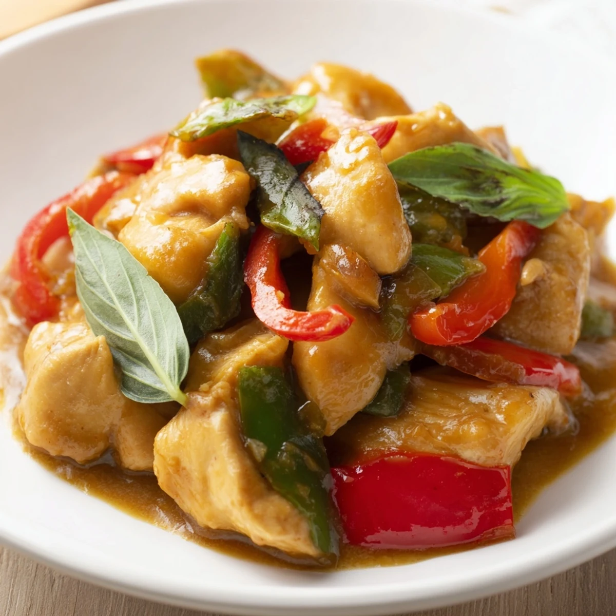 Creamy basil chicken in coconut curry sauce served over steamed jasmine rice with fresh basil garnish