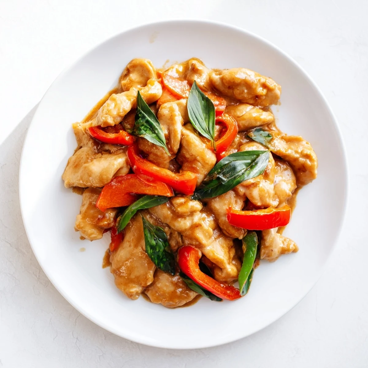 Golden chicken pieces simmered in fragrant coconut curry sauce with colorful bell peppers and torn basil leaves