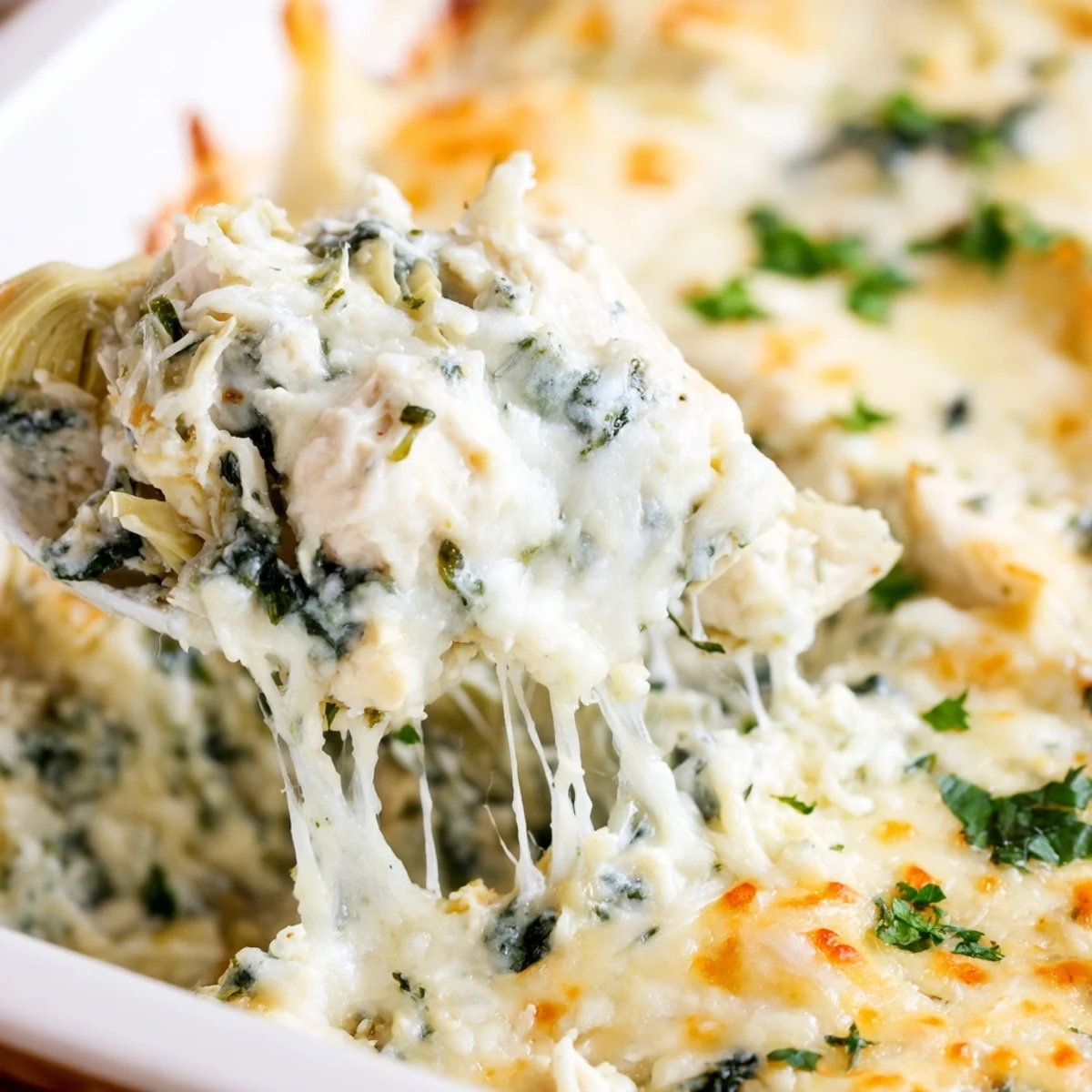 Creamy high protein spinach and artichoke chicken casserole served in a white baking dish