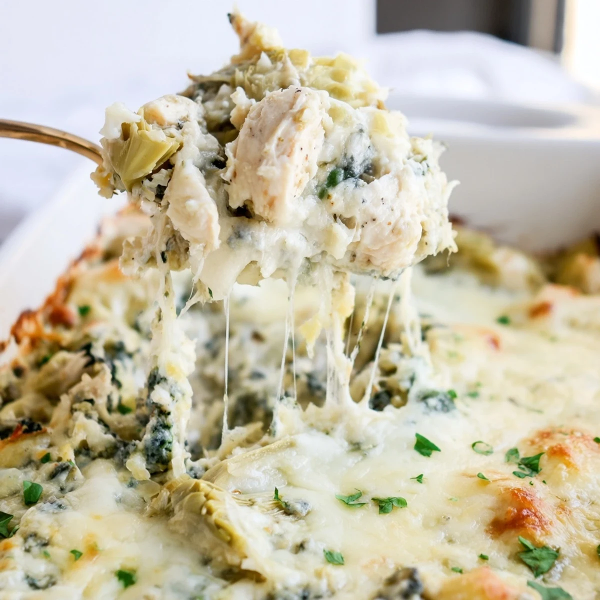 Golden bubbly spinach and artichoke chicken casserole fresh from the oven with melted cheese topping