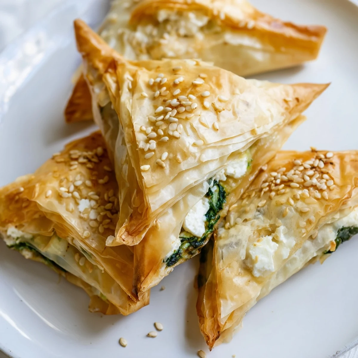 Golden baked Mediterranean spinach and feta crisps arranged on a white serving platter