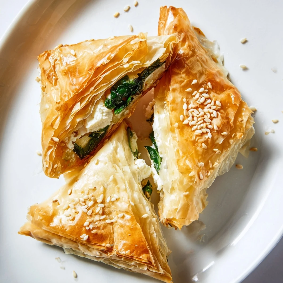 Homemade Mediterranean appetizers with flaky golden pastry and fresh herb garnish sprinkled on top