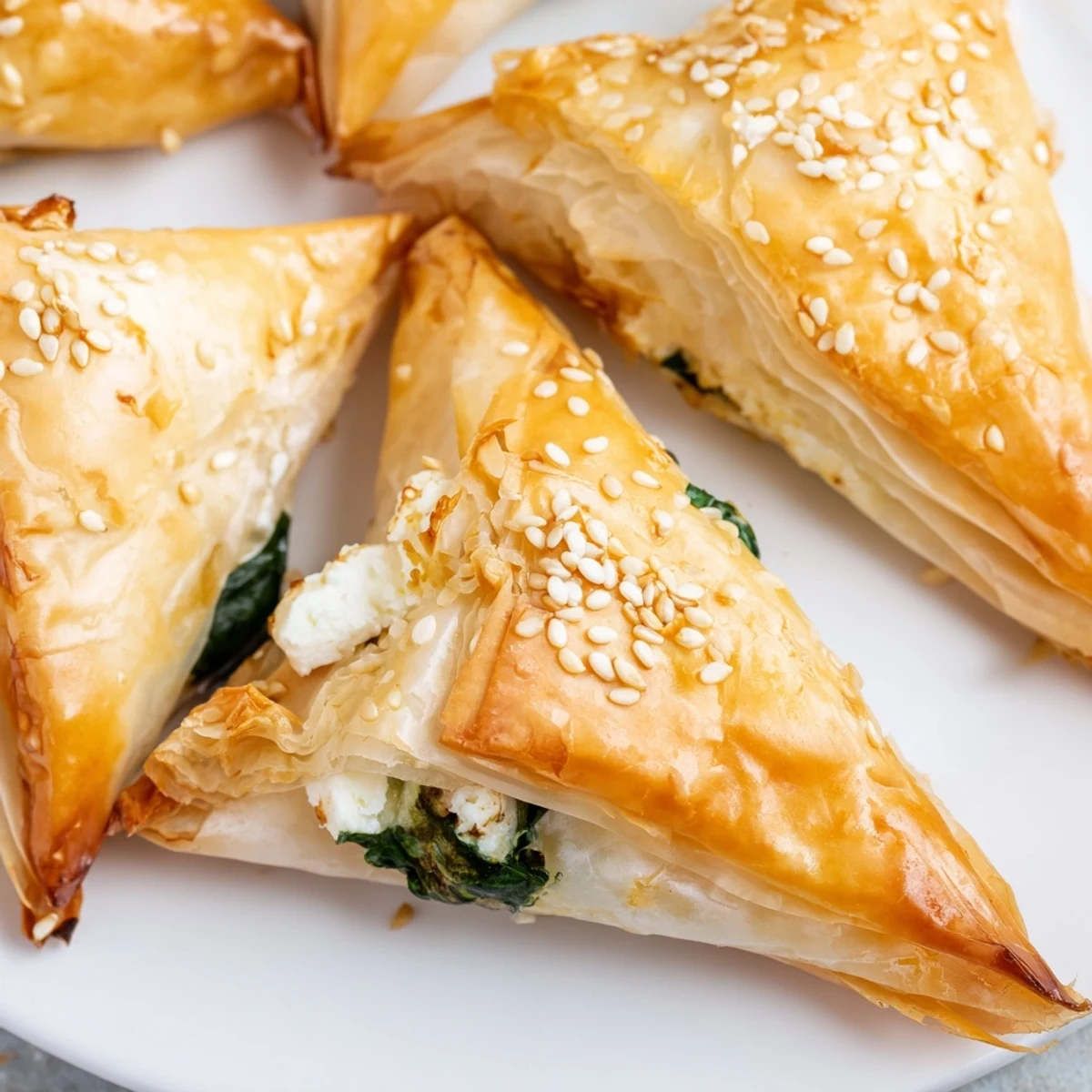 Crispy triangular phyllo parcels filled with savory spinach and creamy feta cheese filling