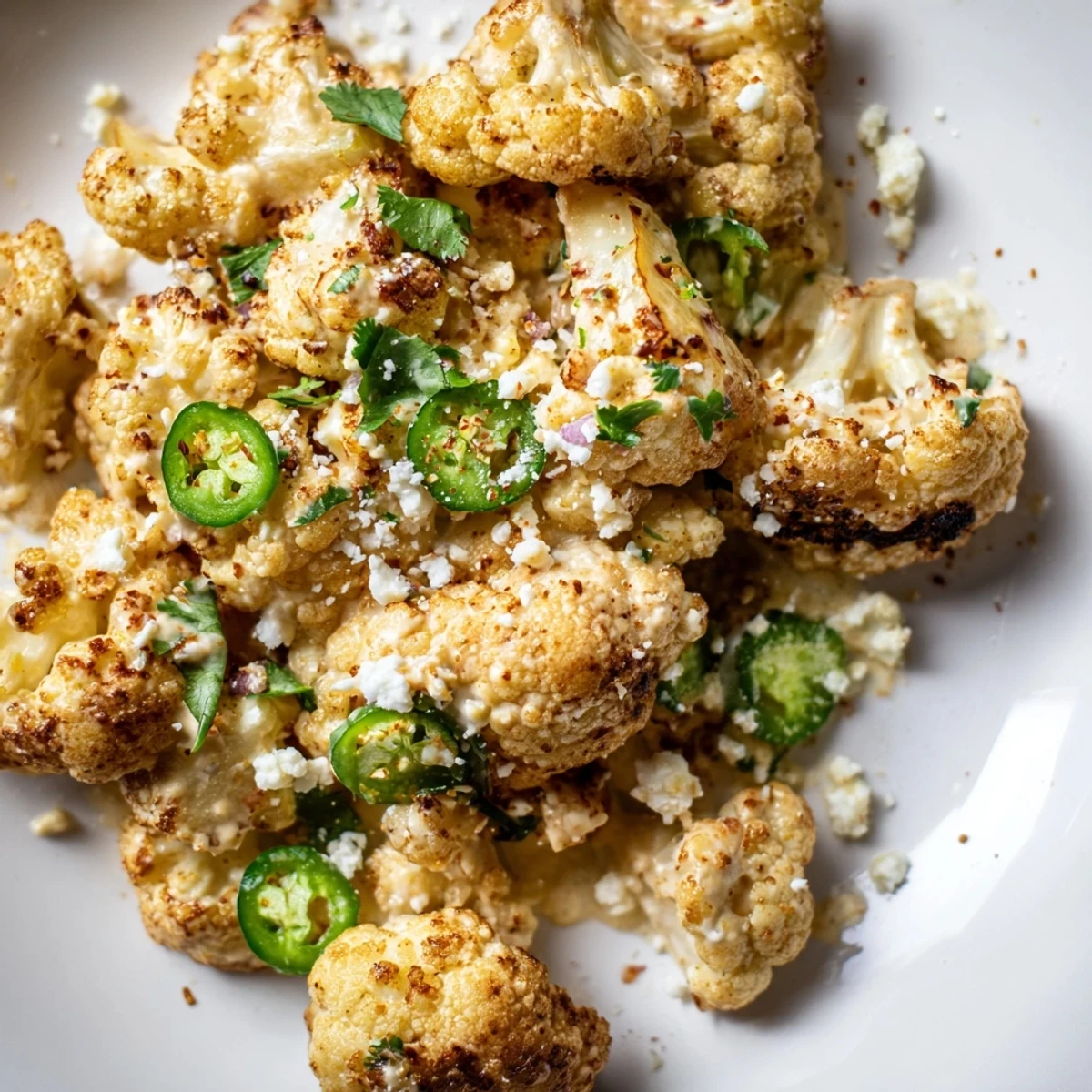Roasted cauliflower elote tossed in creamy lime sauce and topped with crumbly cotija cheese