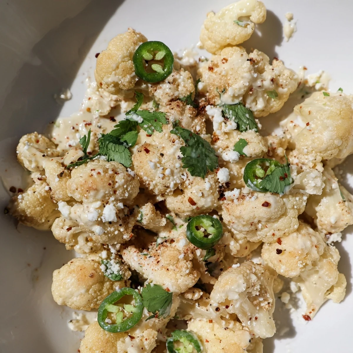 Golden cauliflower florets coated in tangy Mexican street corn sauce with fresh cilantro sprinkles