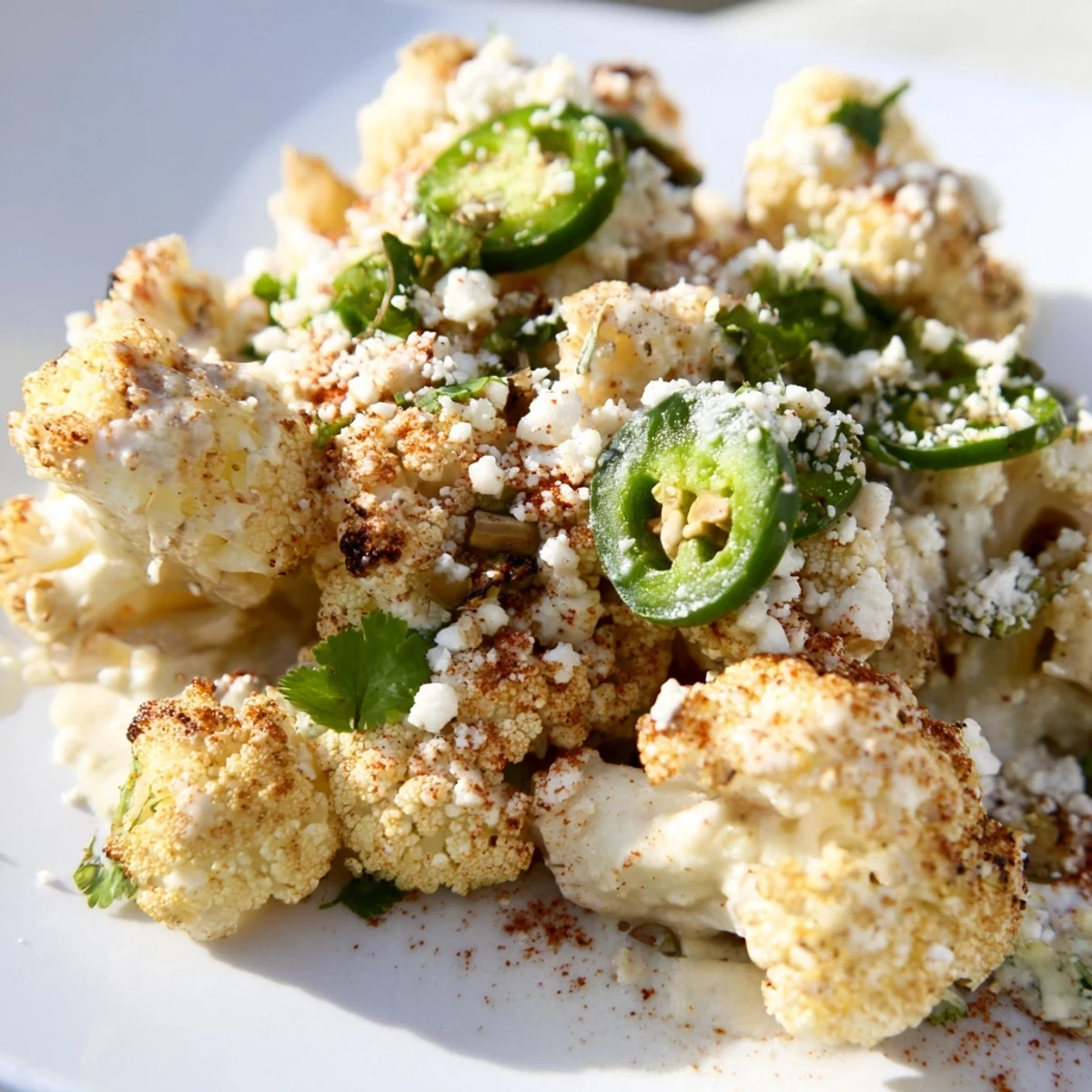 Cauliflower elote serving platter featuring roasted florets drizzled with spicy crema and chili powder