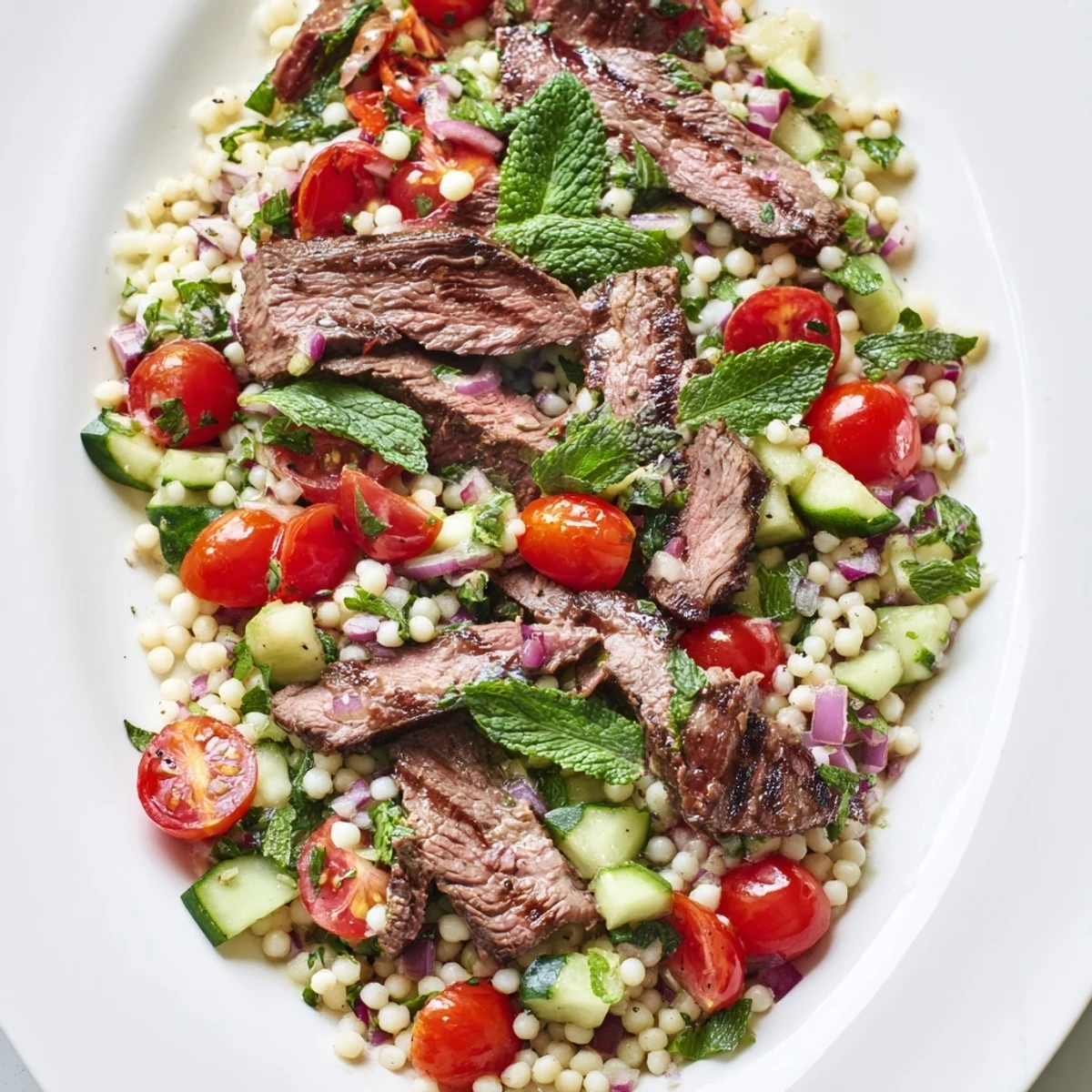 Perfectly charred skirt steak served atop Mediterranean pearl couscous salad with herbs and tomatoes