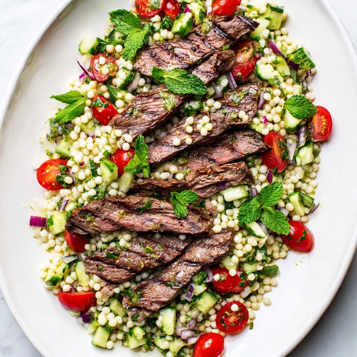 Juicy grilled skirt steak slices resting over colorful pearl couscous salad with fresh vegetables