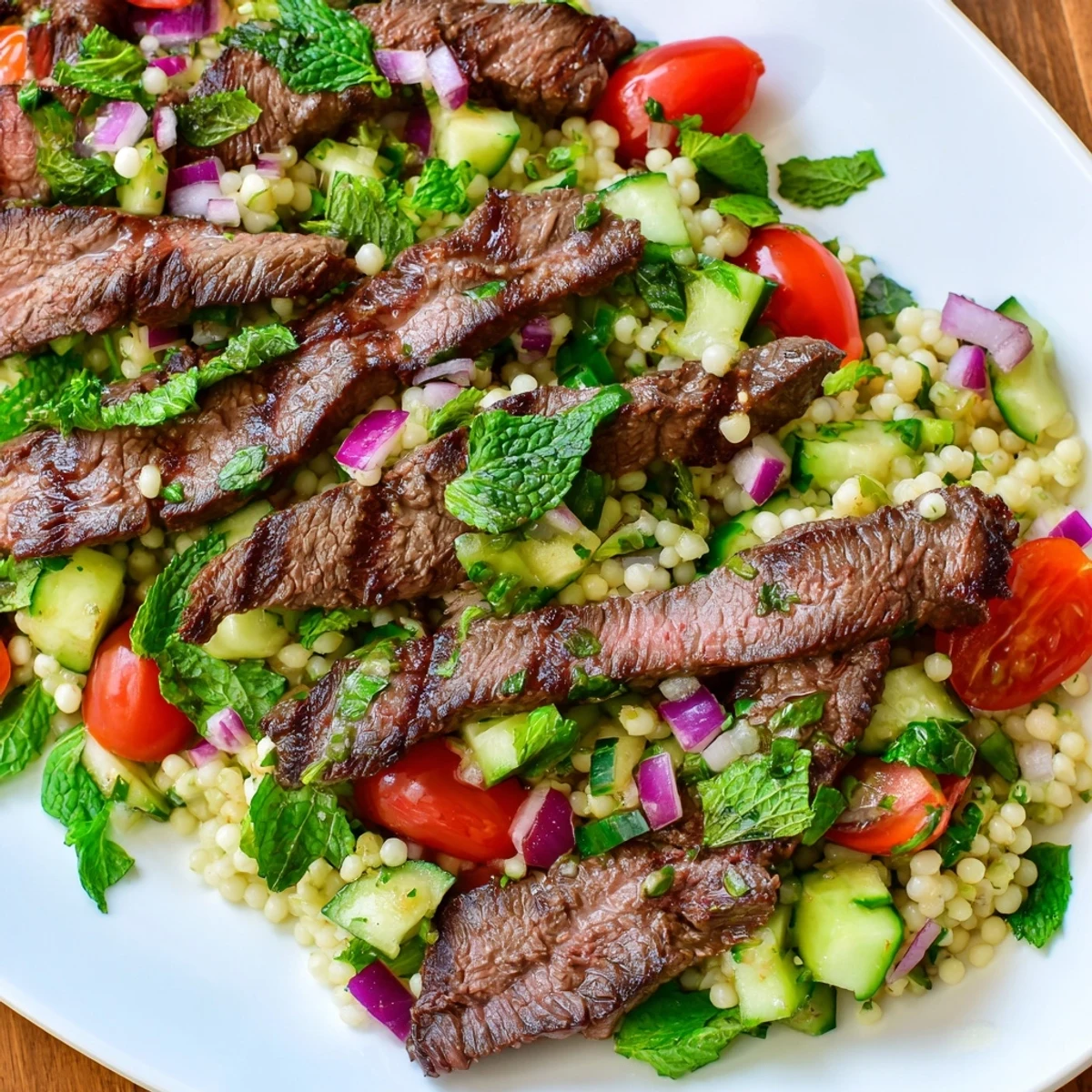 Sliced grilled skirt steak arranged on zesty pearl couscous salad with cucumbers and bright parsley