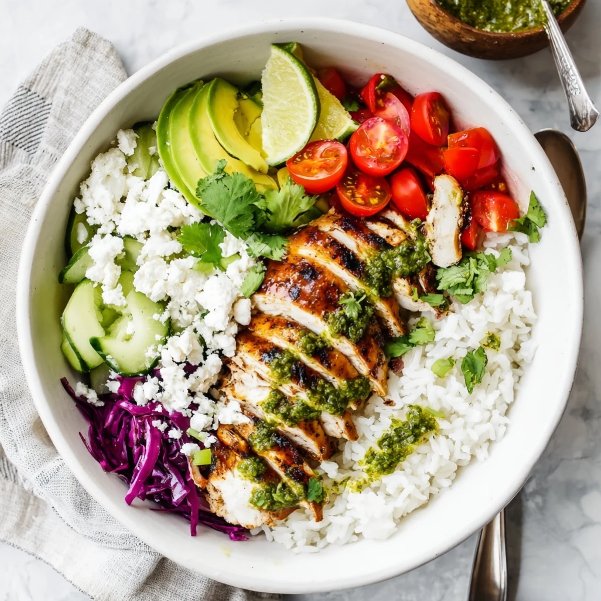 Chimichurri grilled chicken bowl featuring juicy marinated chicken slices over fluffy rice with colorful fresh vegetables and creamy garlic sauce drizzled on top