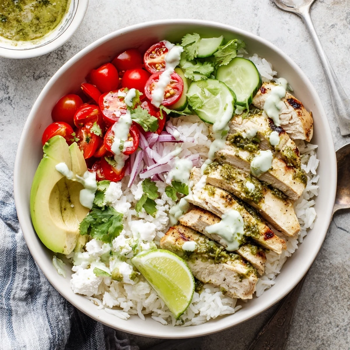 Vibrant chimichurri grilled chicken bowl packed with zesty herb-marinated chicken, ripe avocado slices, cherry tomatoes, crisp cucumber, and tangy white garlic sauce