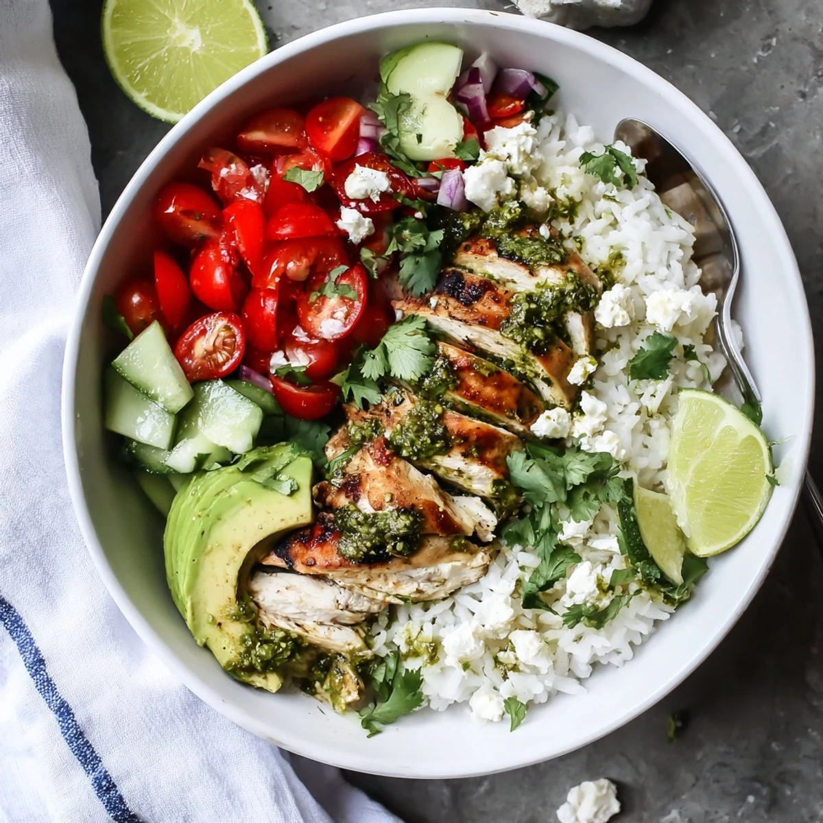 Latin American chimichurri grilled chicken bowl with tender sliced chicken breast, shredded red cabbage, fresh vegetables, aromatic herbs, and smooth garlic yogurt dressing