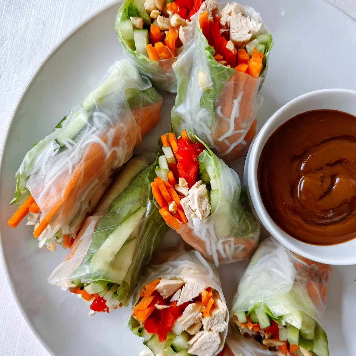 Rice paper-wrapped Vietnamese summer rolls with chicken feature crisp julienned carrots and translucent noodles inside