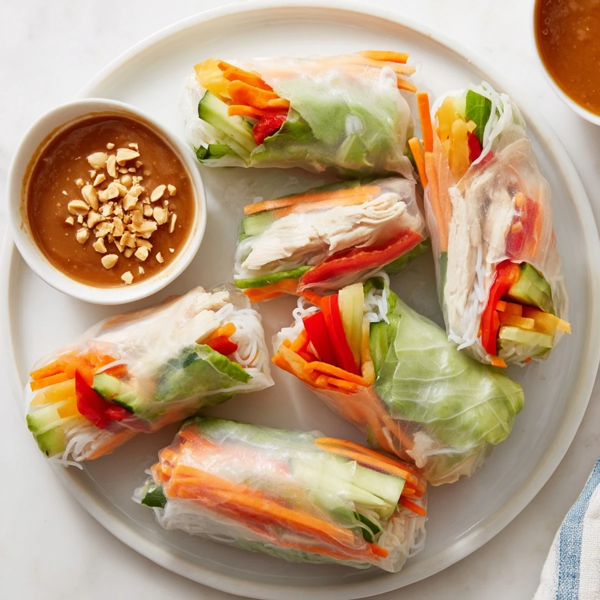 Transparent Vietnamese summer rolls with chicken showcase colorful vegetables and fresh mint leaves against a white plate