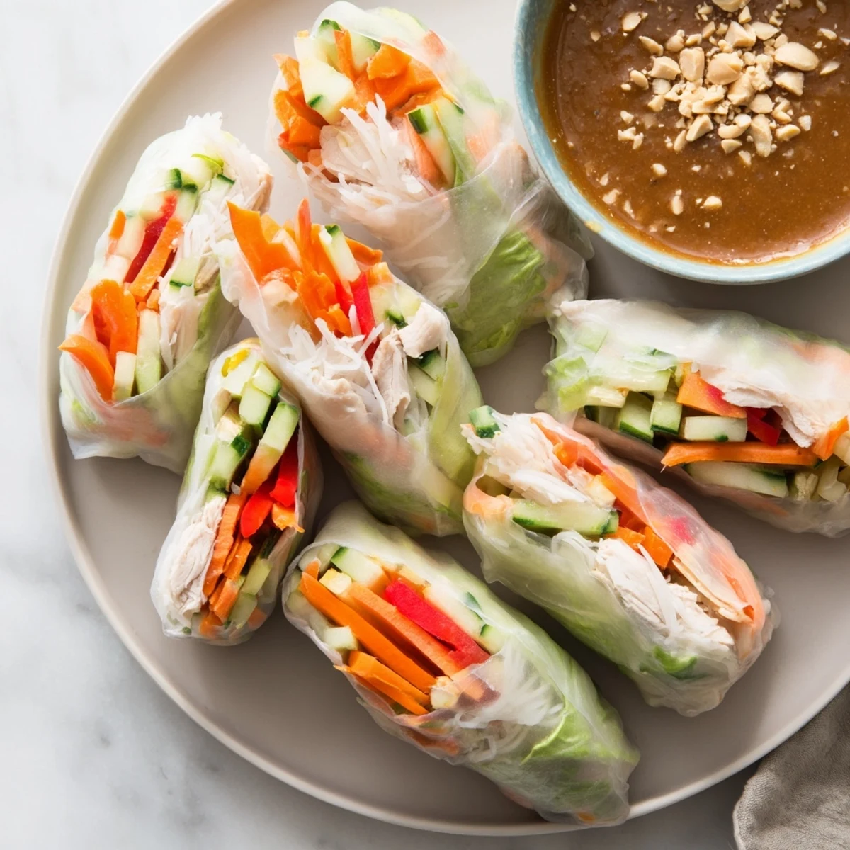 Homemade Vietnamese summer rolls with chicken dipped in rich hoisin peanut sauce surrounded by vibrant herb garnish