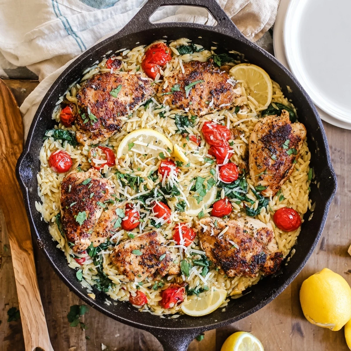 Golden one skillet lemon herb chicken nestled over creamy orzo with vibrant tomatoes and fresh spinach